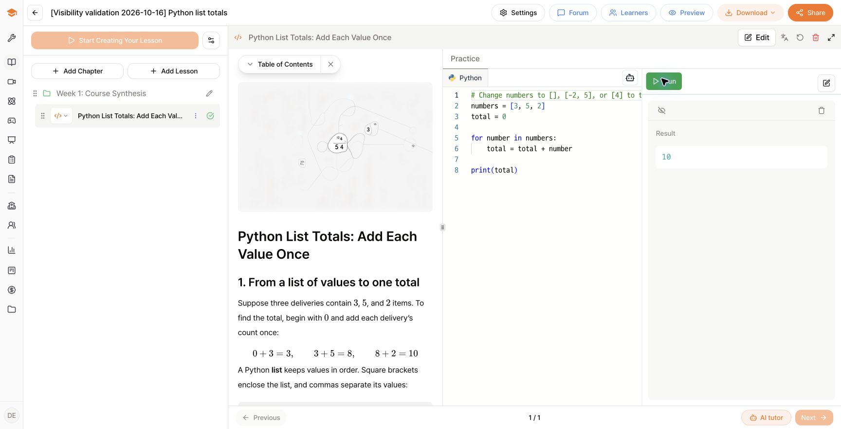 Generated Python lesson with the code editor and output 10